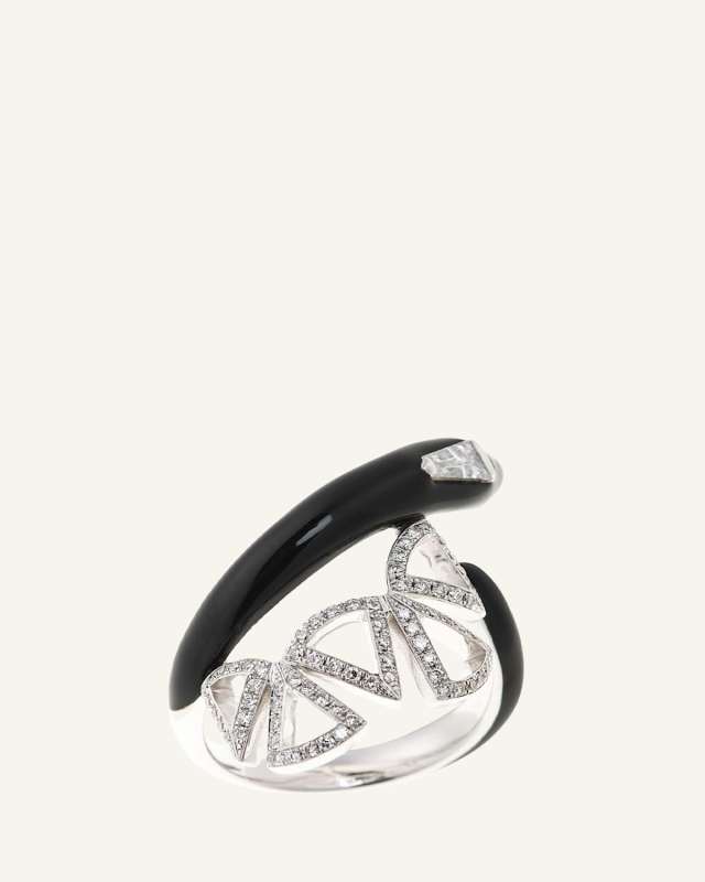 Oui Open Wrapped Diamond and Black Enamel Ring in 18k White Gold, Size